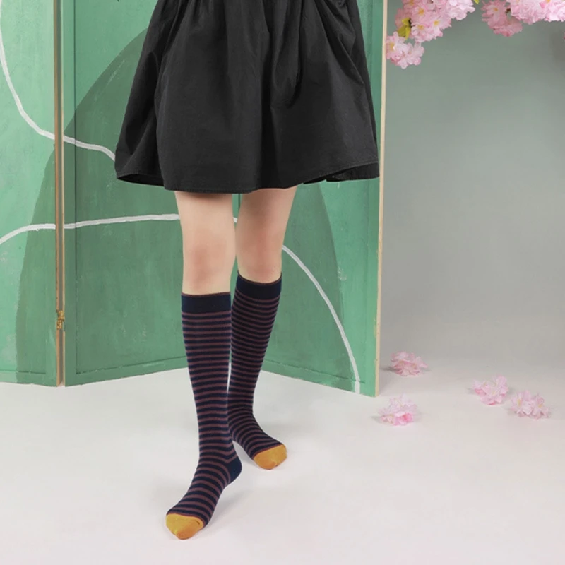 Women Cotton Knee High Socks Preppy Deep Colorblock Striped Calf Stockings Drop shipping