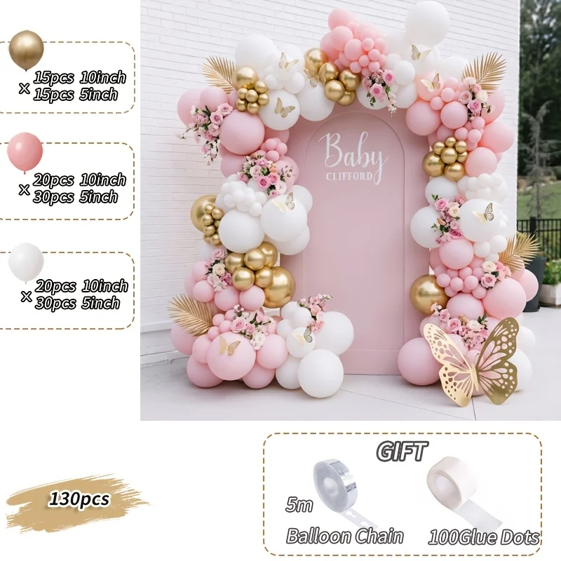 130Pcs Gold Pink White Balloon Arch Garland Kit Wedding Birthday Party Decor
