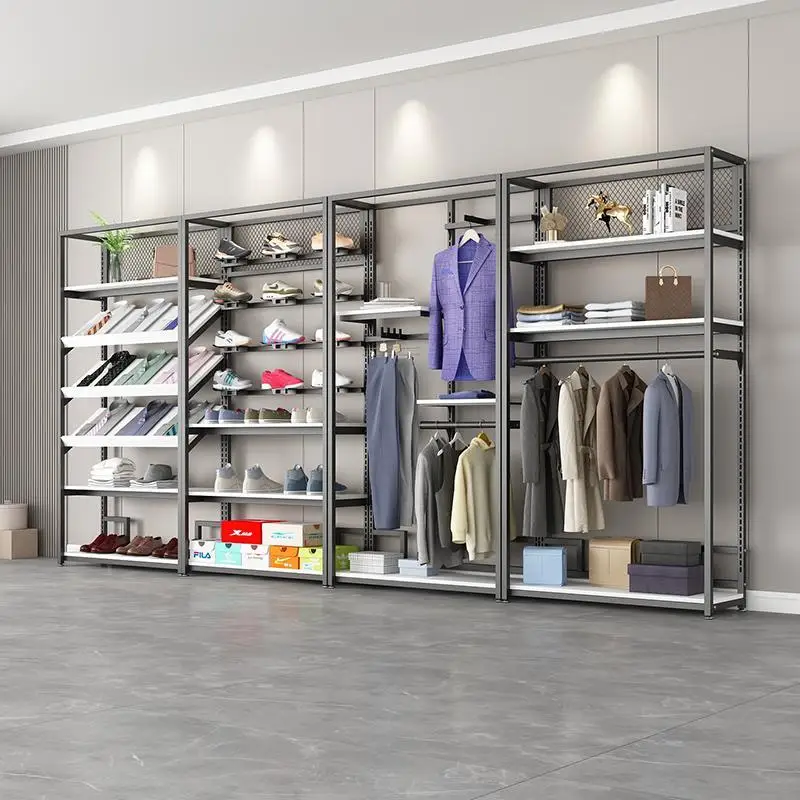 Personalizzato. Espositore per abbigliamento Appendiabiti a doppio strato Negozio di abbigliamento da donna per uomo Scaffale combinato per appendere vestiti in ferro dorato