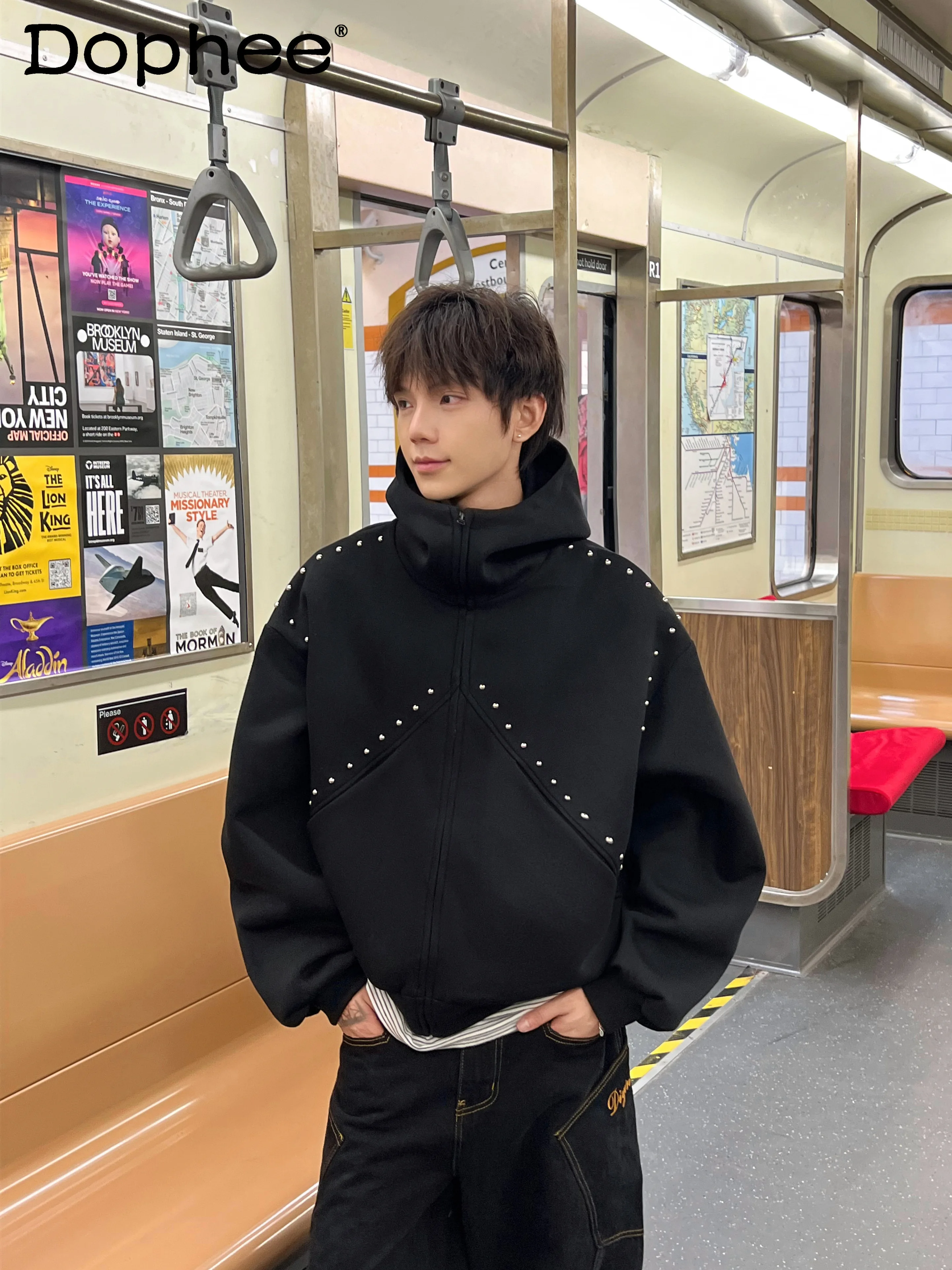 

2025 Autumn Winter New Heavy-duty Rivet Hooded Sweatshirt Unisex Design Fashion Trend Loose Casual Couple Zipper Jacket