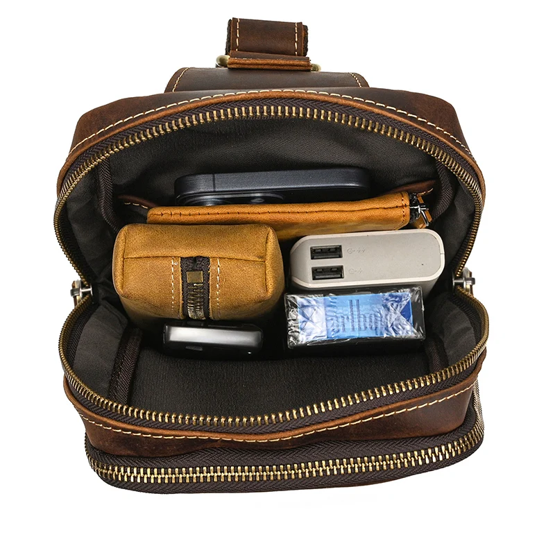Thick Leather Chest for Men Real Cowhide Crossbody Bag Sling Bag Small Leather Crossbody Bag Men Male Single Shoulder Bagpack