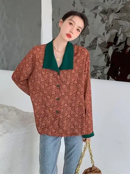 ريترو هونج كونج Sle المرأة خمر irt الأزهار طباعة طويلة Sve بدوره إلى أسفل طوق ربيع الخريف أعلى اللون تصميم Blo #4