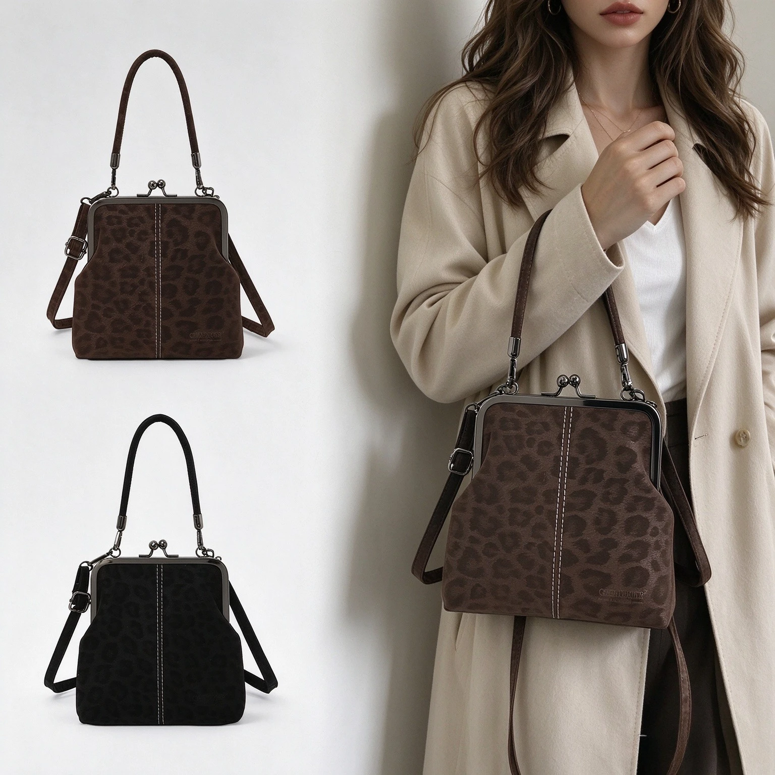 Vintage Leopard Print Women Frame Bag Premium Metal Kiss Lock Purse Retro Shoulder Crossbody Handbag for Casual Daily Wear