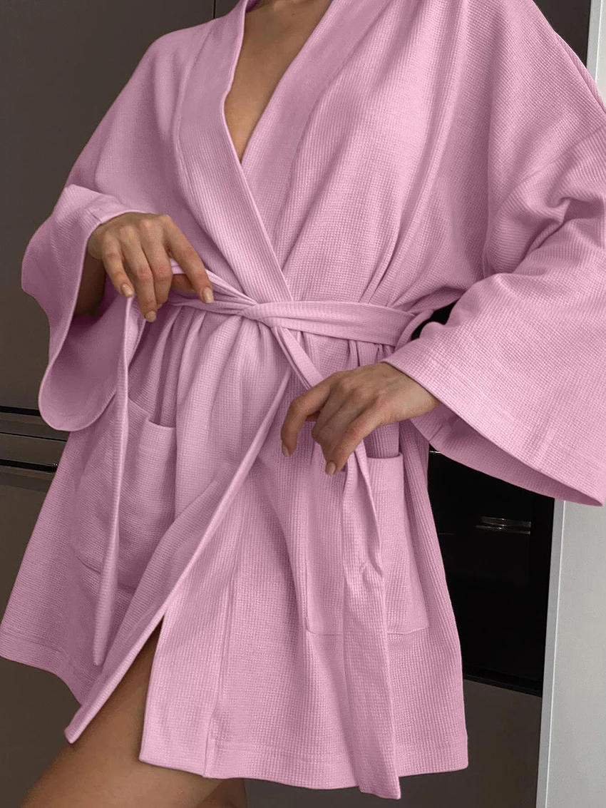 Marthaqiqi Home Clothes Ladies V-Neck Sleepwear Long Sleeve Nightgowns Lace Up Nightwear Cotton Mini Dress Causal Female Pajama