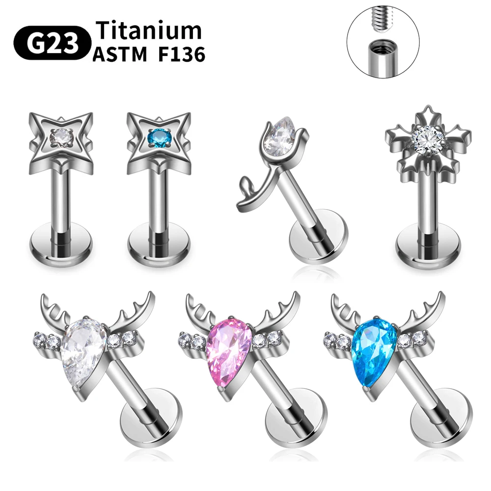 ASTM F136 G23 Titanium Internal Thread Nose Stud Labret Nail Lip Piercing Set Animal Body Jewelry