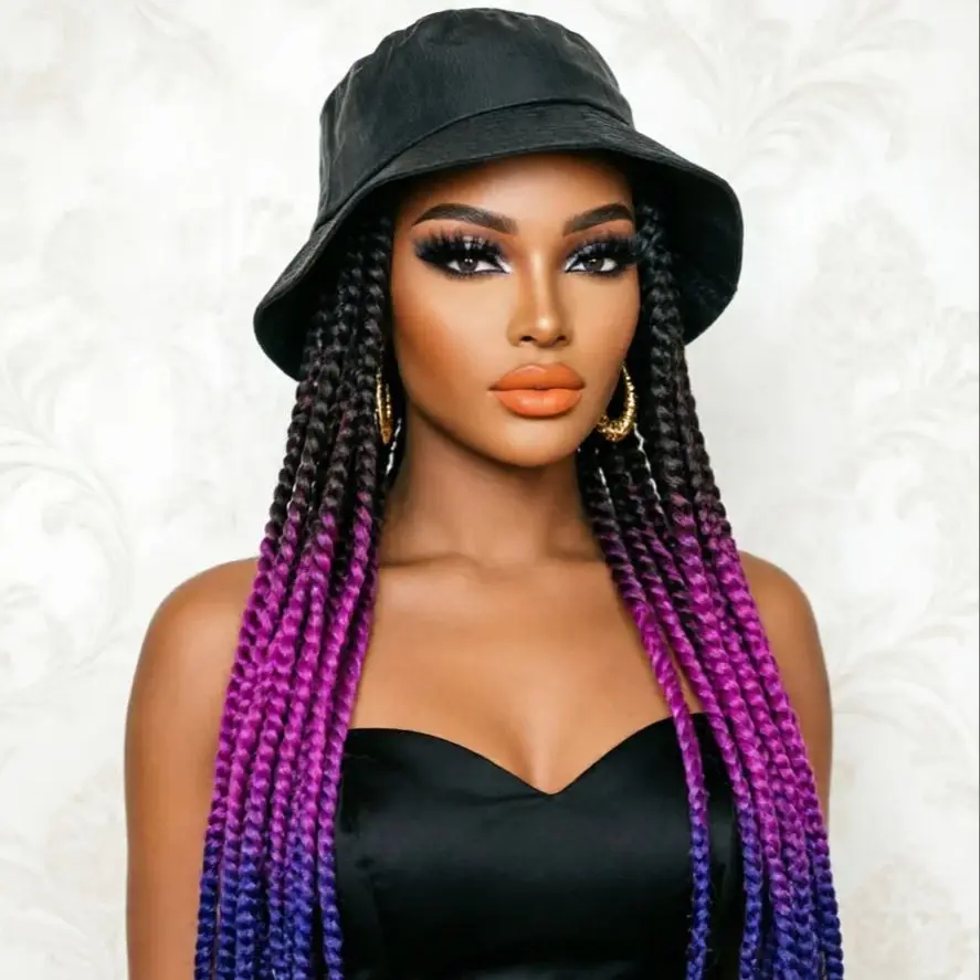 WIGERA Ombre Black Blue-purple Synthetic Havana Mambo Twist Braided Hair Extensions Cap Wig Spring Braiding With Bucket Hat