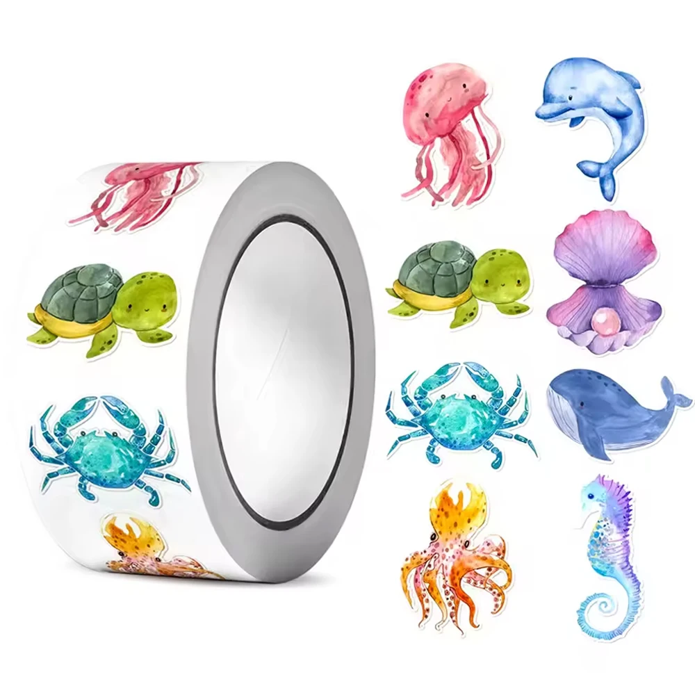 500 шт./рулон, новые наклейки с изображением морских животных, парка, дельфинов для детей, награда учителя, поощрительная уплотнительная этикетка, канцелярские наклейки