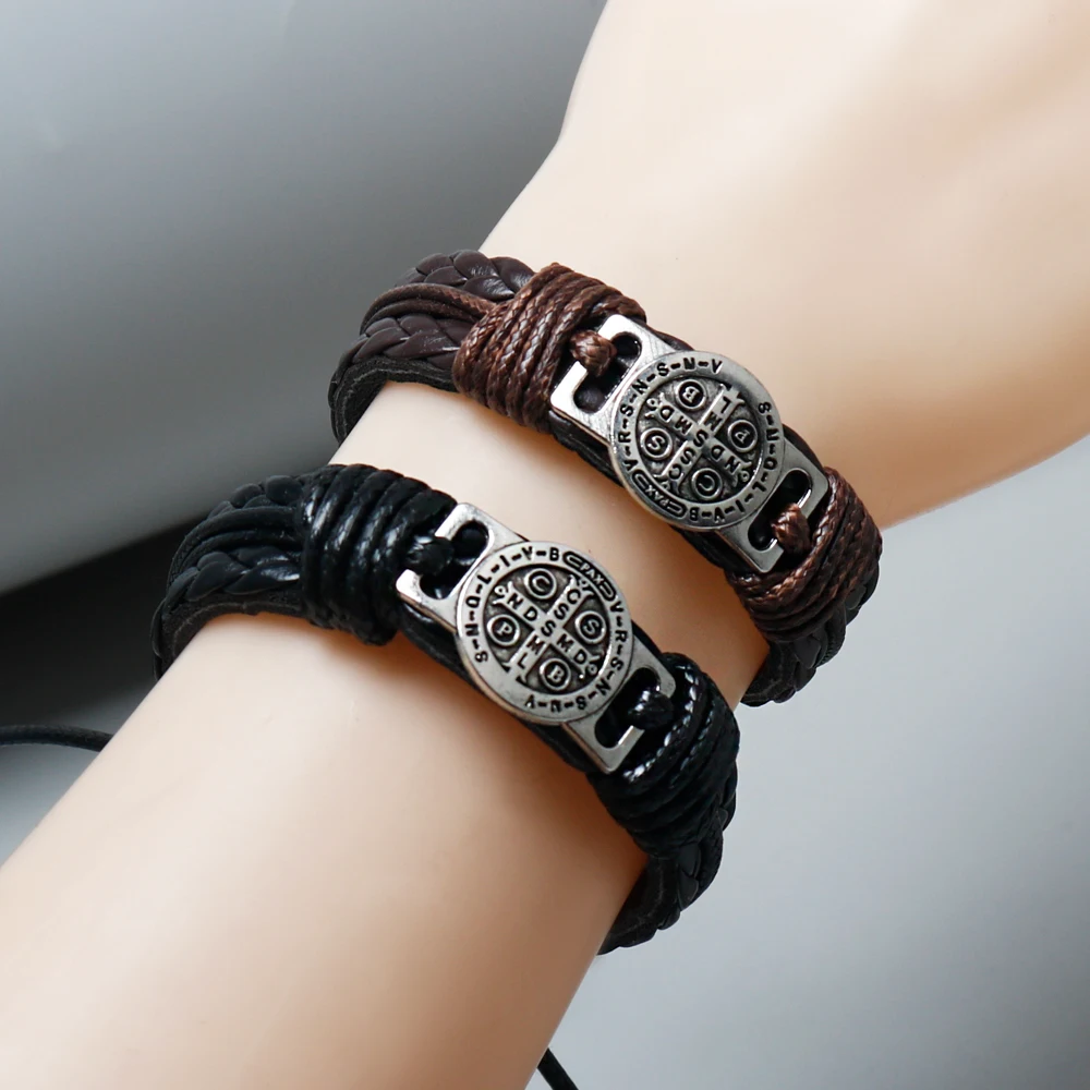 Vintage Handmade Woven Leather Men’s Bracelets Retro Cross Metal Scripture Leather Bracelets Accessories Gifts For Friends
