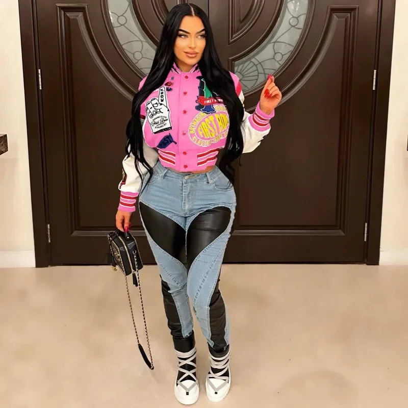 Letter Print Color Patchwork Woolen Varsity Jacket Women Long Sleeve Single Breasted Short Baseball Coat Casual Sporty Outwear