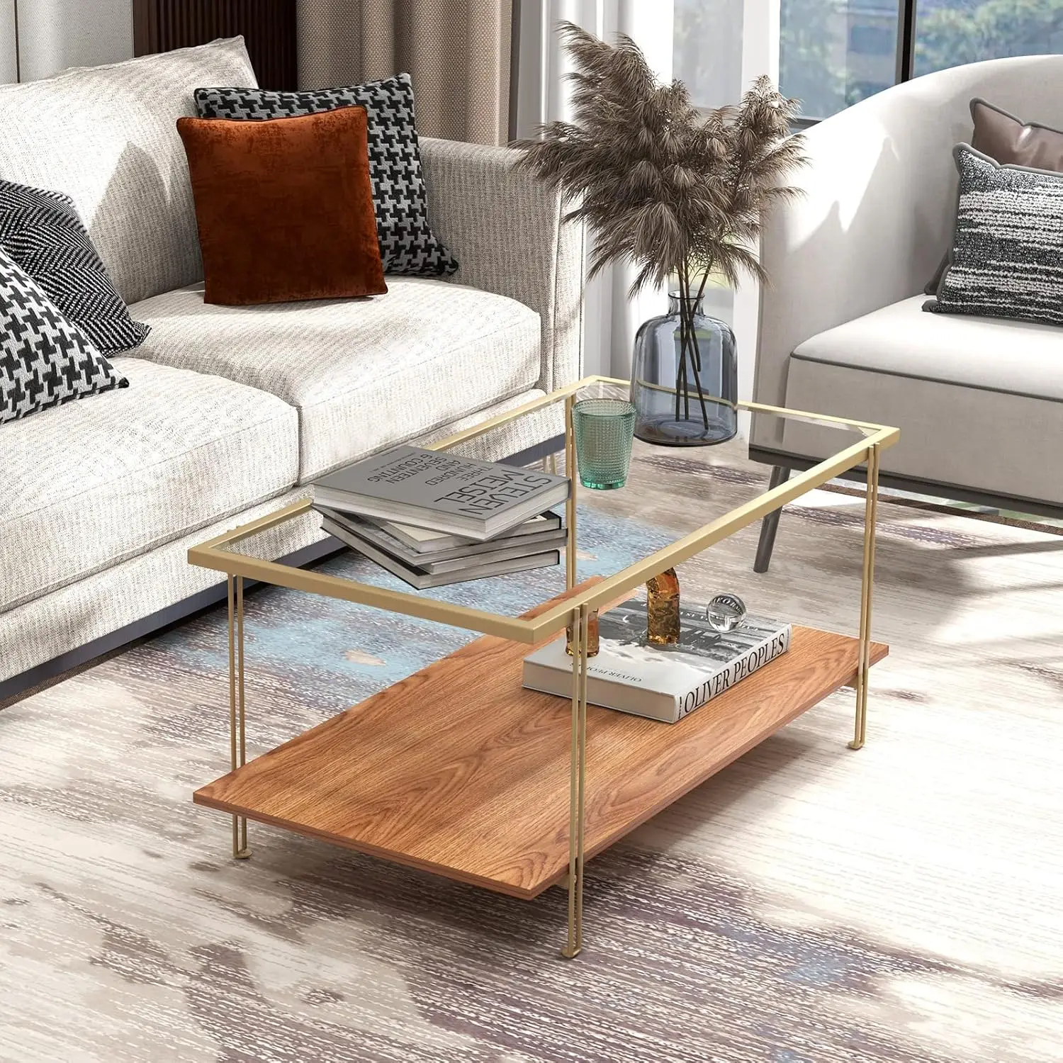 Tangkula Glass Coffee Table, 40In Mid Century 2 Tier Rectangle Coffee Table, Tempered Glass Top & Wood Storage Shelf, Steel
