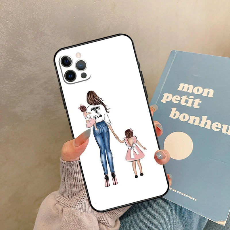 Schwarzbraune Haare Baby Mama Mädchen Sohn Hülle für iPhone 17 Air 15 14 13 12 11 16 Pro Max 13 Mini XR 15 16 Plus 16e Back Cover Shell