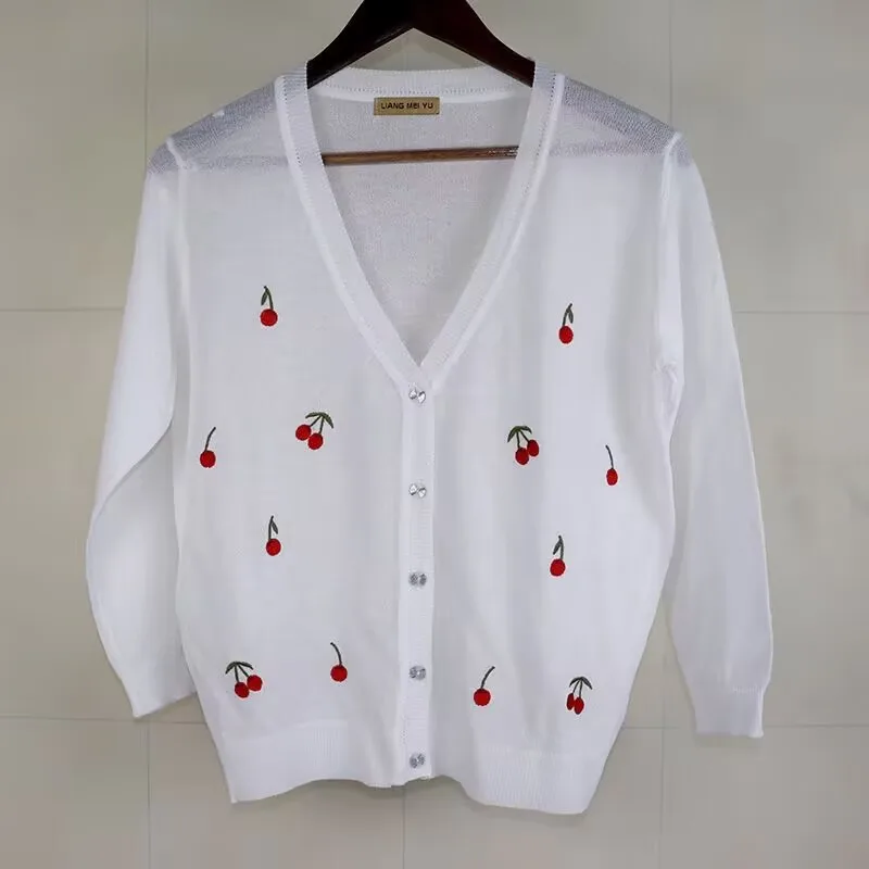 Womens Knitted Cardigan Embroidered Thin Sweater