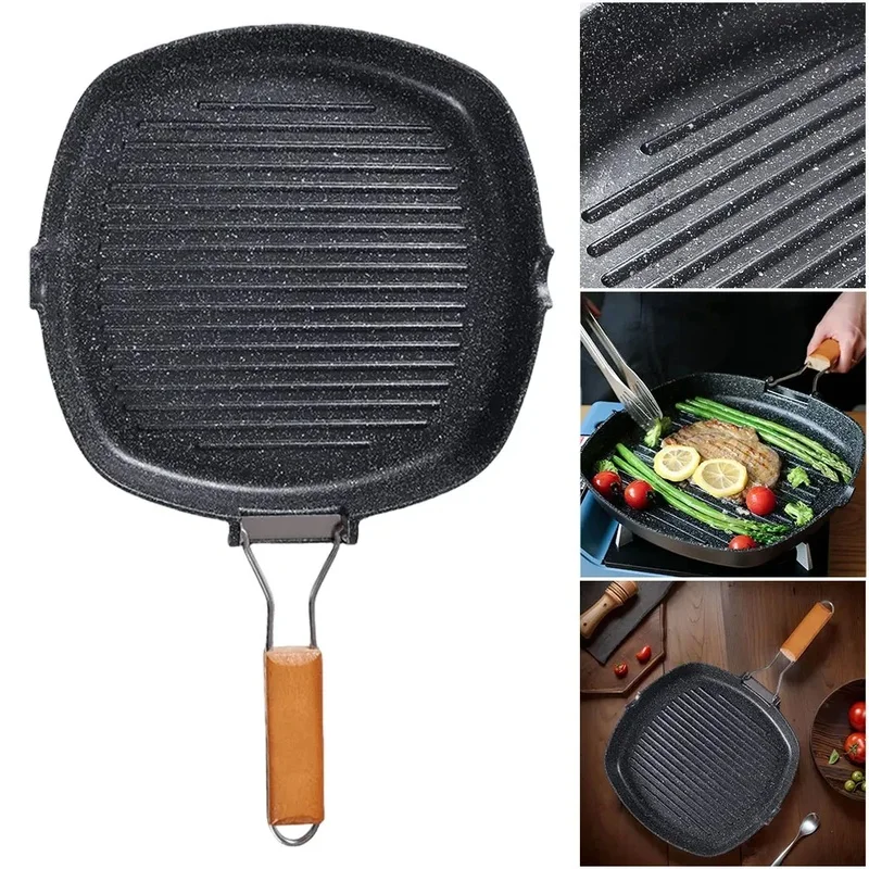 Foldable Outdoor Grill Pan, Anti-Scald Wood Handle Double Spout Steak Frying Pan, Portable Cookware for Camping Picnic