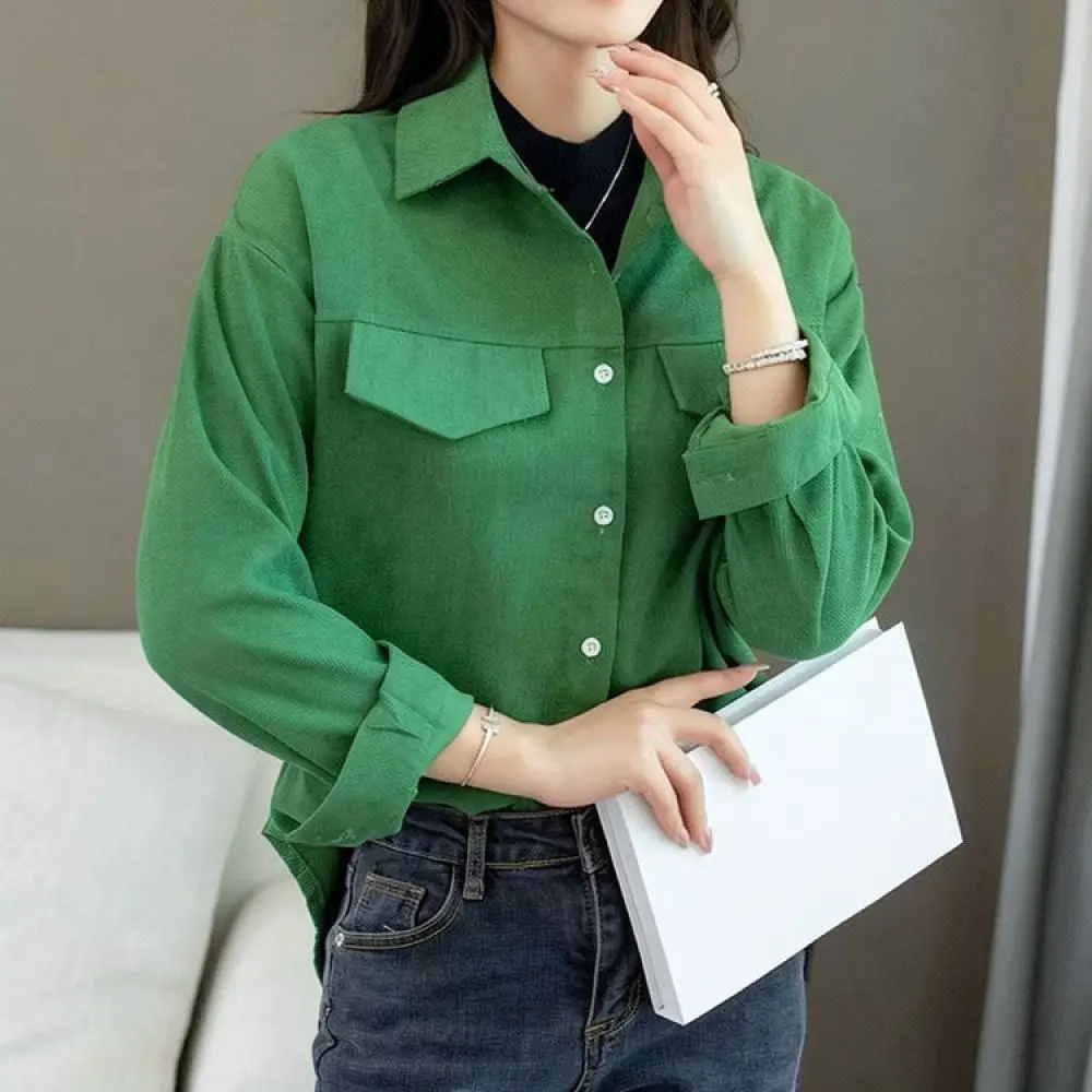 Casual Long Sleeve Corduroy Shirt Women Autumn Loose Oversized Blouse Chic Polo Collar Soft Thickened Trendy Outwear