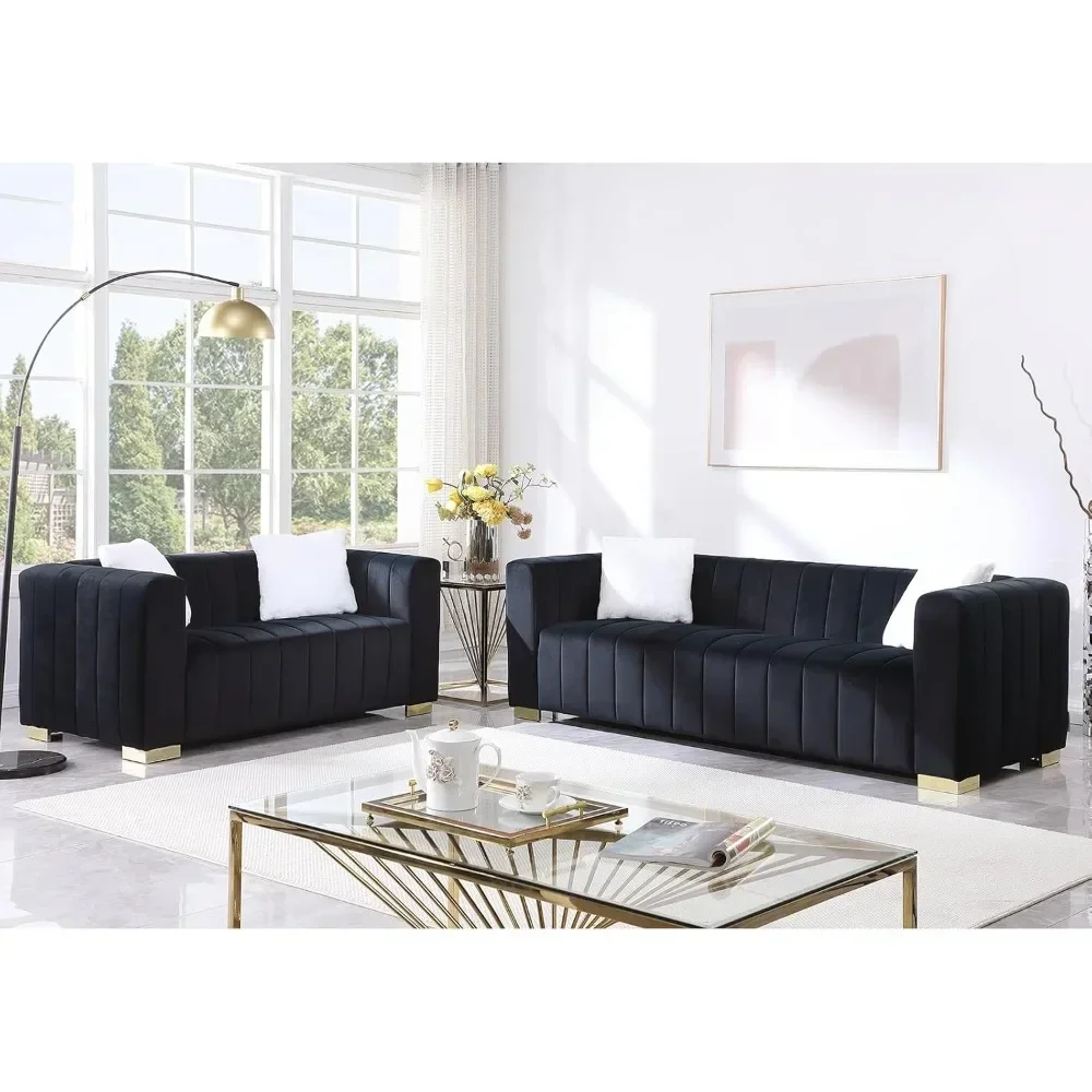 2 Piece Living Room Furniture Set, Including Loveseat and 3-Seater Sofa Couch with Channel Tufted Velvet Fabric, Black