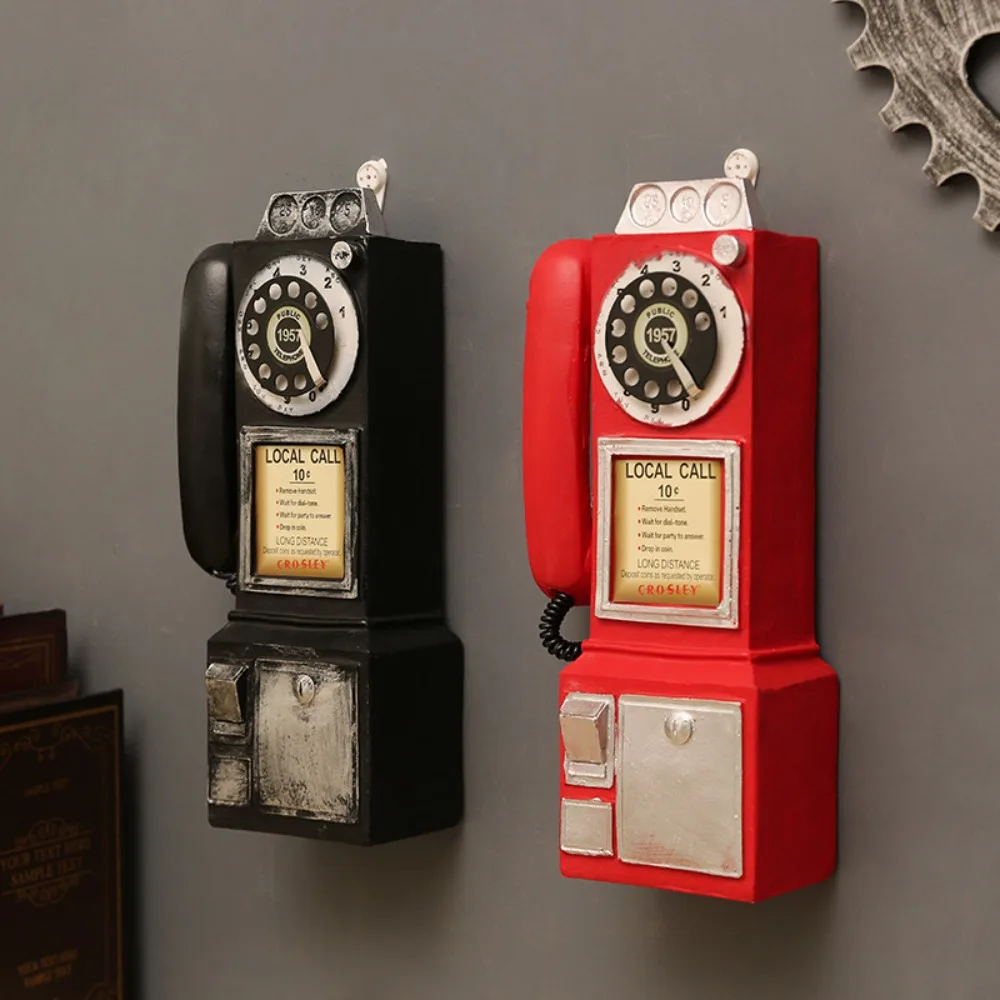 Retro Vintage Telephone Model Wall-Mounted Old-fashioned Telephone Ornament Rotary Resin Booth Telephone Figurine Bar