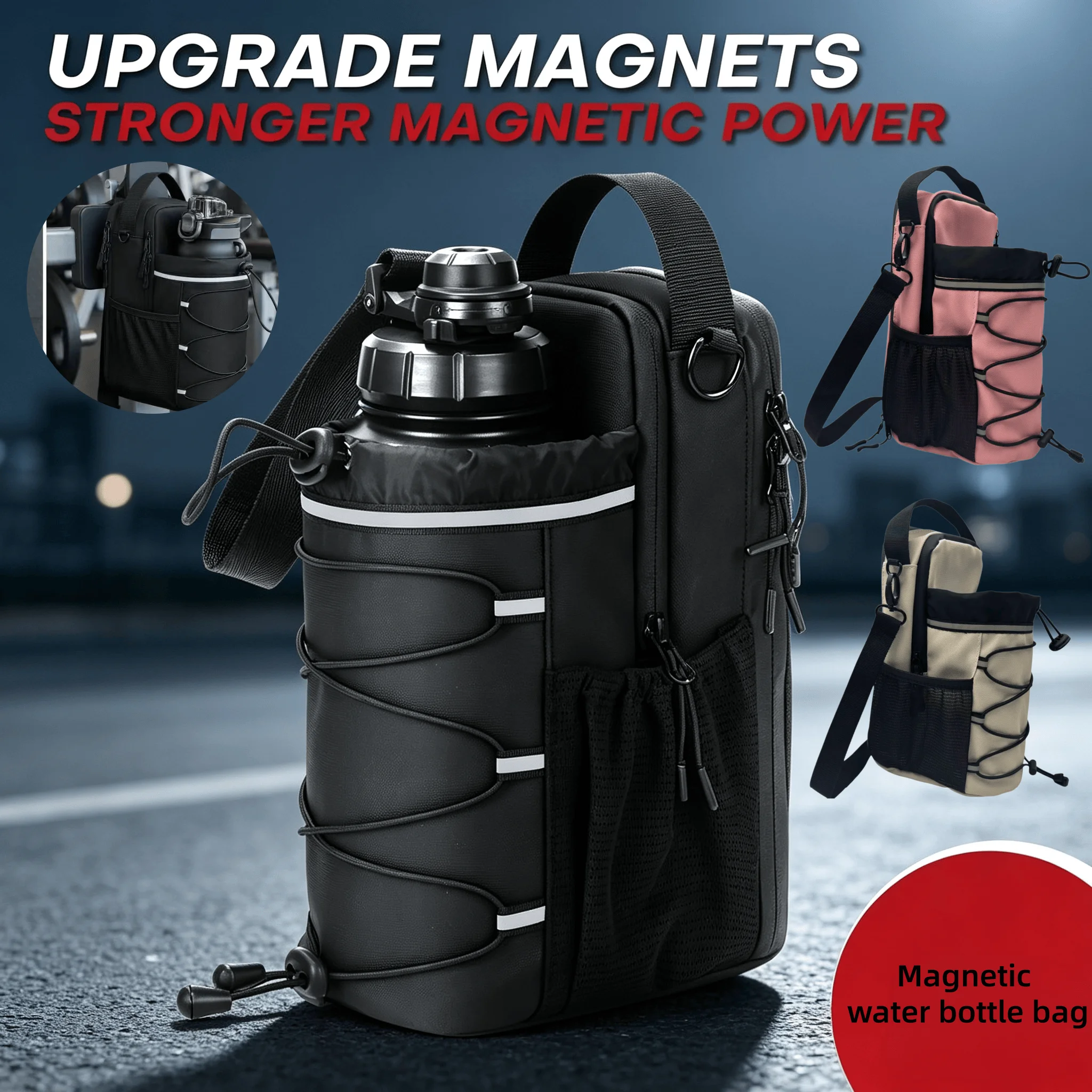 Reflective Strip Version Magnetic Water Bottle Holder Large Capacity Gym Bag with Cell Phone Pocket Gym Storage Bag
