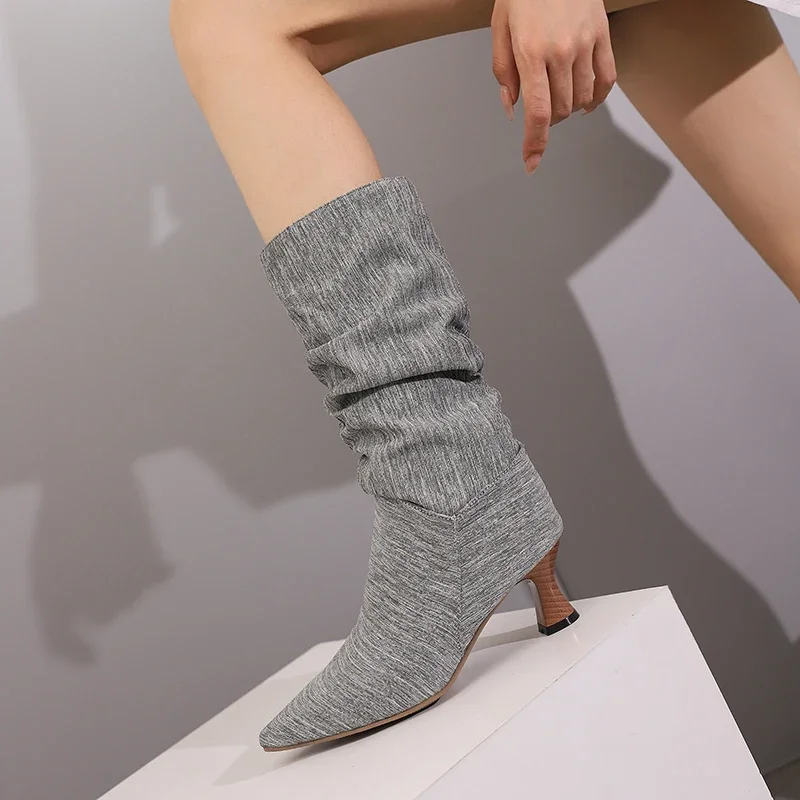 2024 new autumn winter women mid-calf boots plus size 22-28cm PU/fabric/flock pointed toe high heel Pile up boots