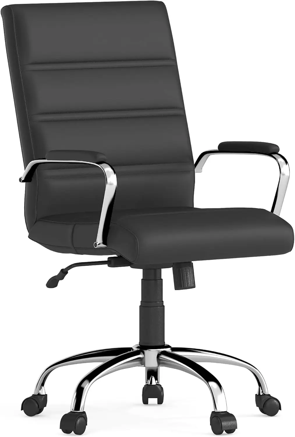 Executive Mid-Back Swivel Office Chair in Black Soft Leather with Chrome Base and Arms