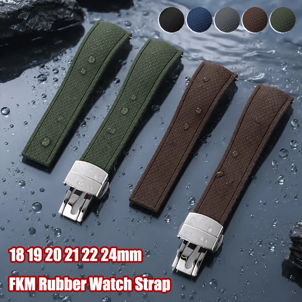 Curved End 18/19/20/21/22/24mm FKM Rubber Watch Strap for Omega for Rolex for Seiko for Longines for Tissot Quick Release Band