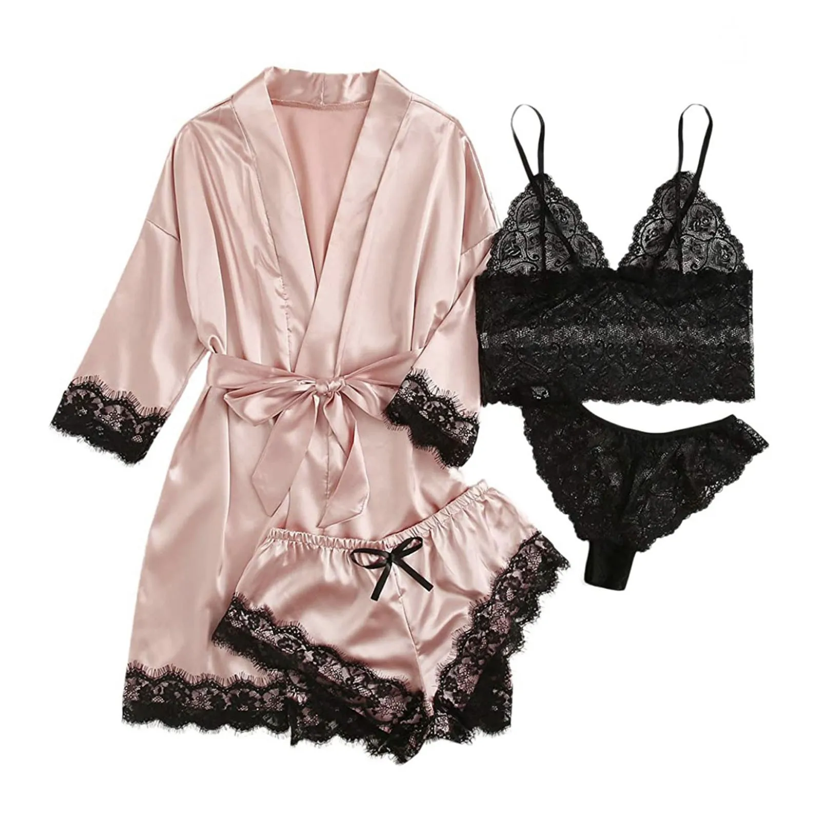 Black Sexy Women\'s Pajamas Satin 4-piece Lace Silk Suspender Tops Shorts Robe Pajamas Set Nightgown Underwear Nightdress Suit