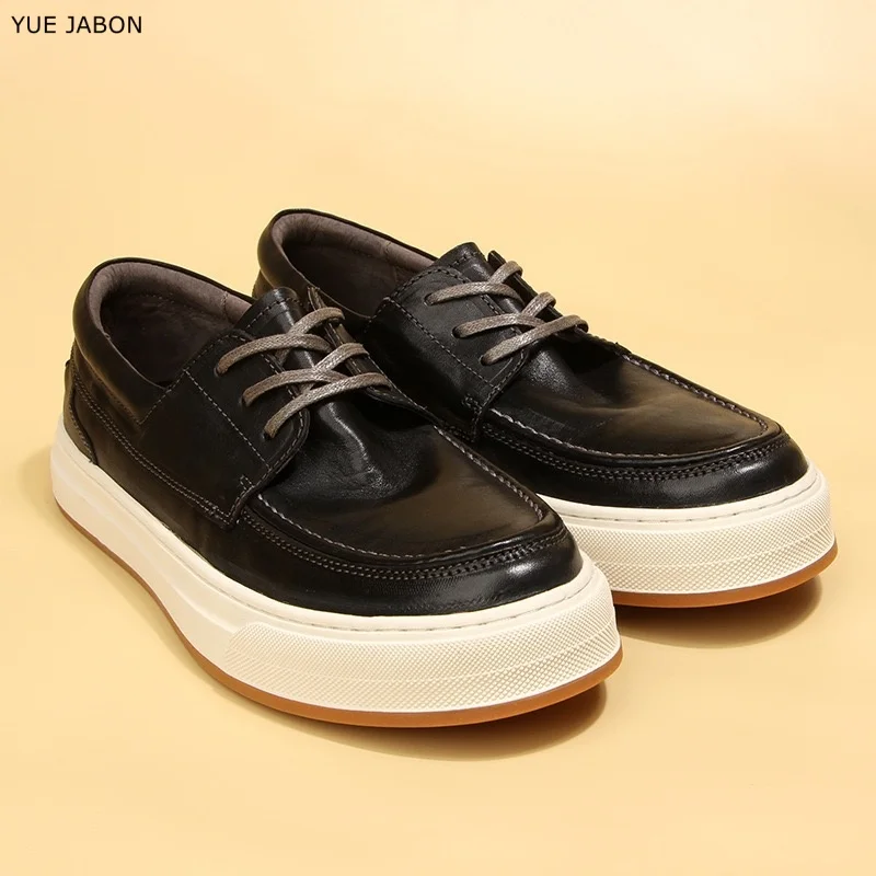 Black British Retro Low Top Thick Sole Genuine Leather Shoes for Men's Breathable Casual Business Simple Platform Lace-Up Shoes