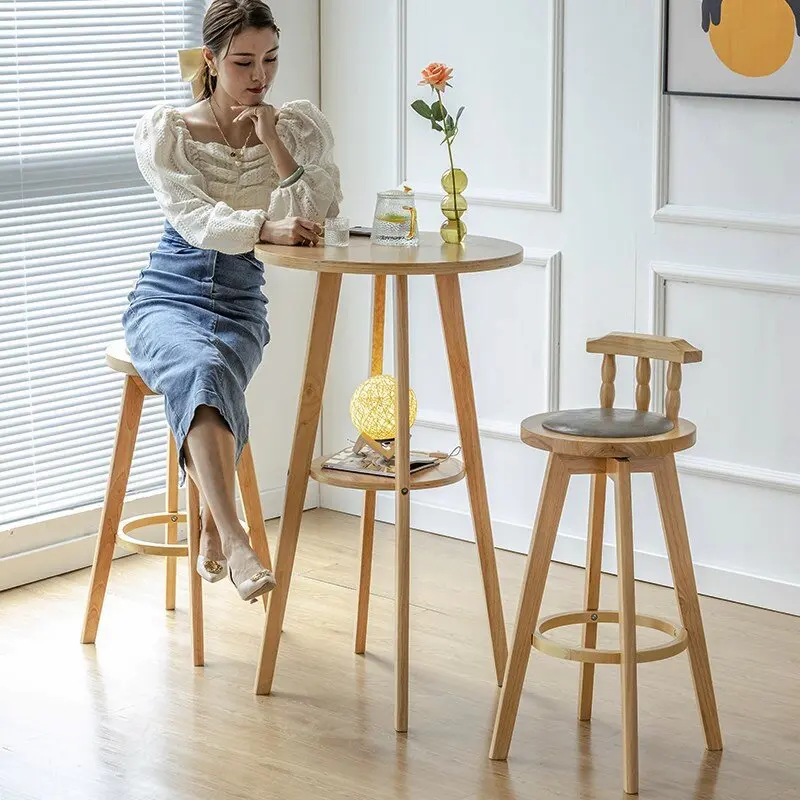 Custom Solid Wood Modern Style Retro Wooden Stools Bar Chair With Creative Design For Dining High Foot Counter Kitchen