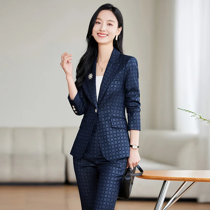 Women\'s Spring Autumn New Fashion Plaid Professional Suit Jacket Matching Set Korean Elegant Casual Blazers Pants Two Piece