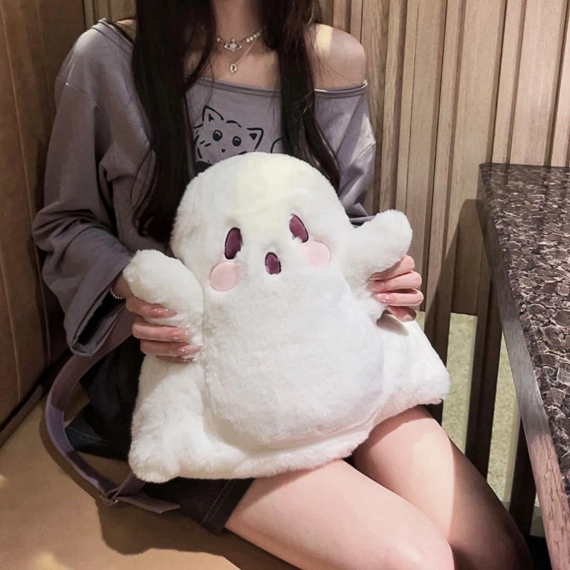 Y2k Cute Plush Ghost Backpack Kawaii Fluffy Crossbody Bag Cartoon Women Messenger Fashion Shoulder Bag Girl Casual Purse Handbag