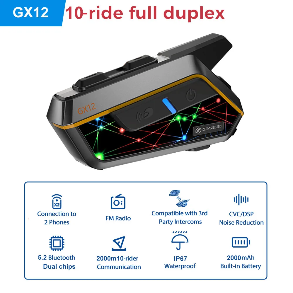 Gx12 10 Rijders Groep Mesh Motorfiets Intercom 2Km Motorfiets Bluetooth Communicatie Motorfiets Fm Radio Muziek Delen