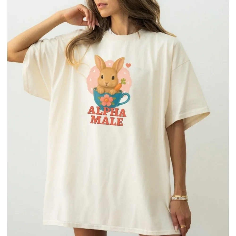 Alpha Male Shirt Funny Meme T-Shirt with Bunny Print Ironic Gift for Women Funny Animal Tees Oversized O-neck Tops