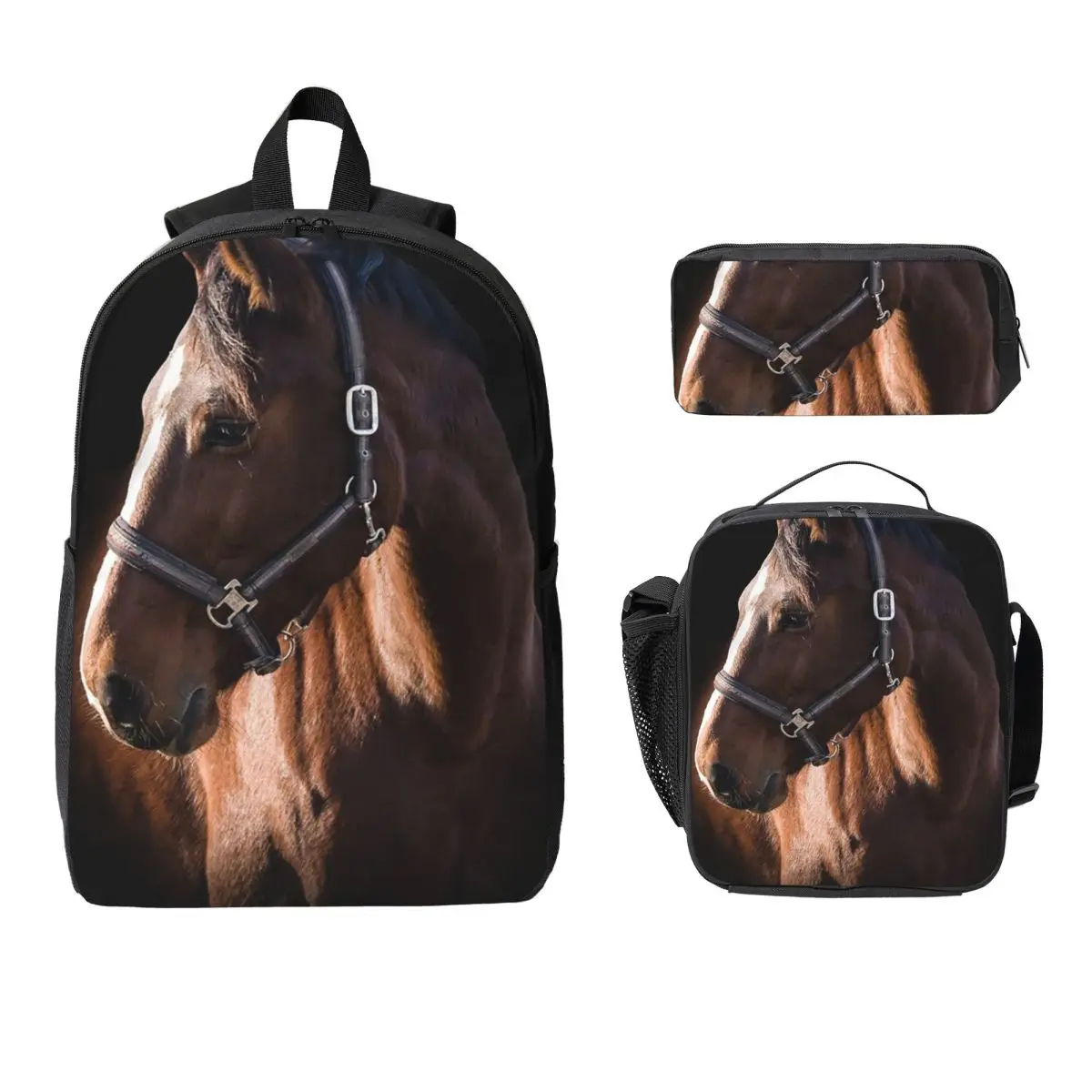 

Brown Horse Herd Running Galloping Animal Lovers Humor Backpack Boys Girl BookBag School Bag 3ps Insulated Lunch Bag Pencil Case