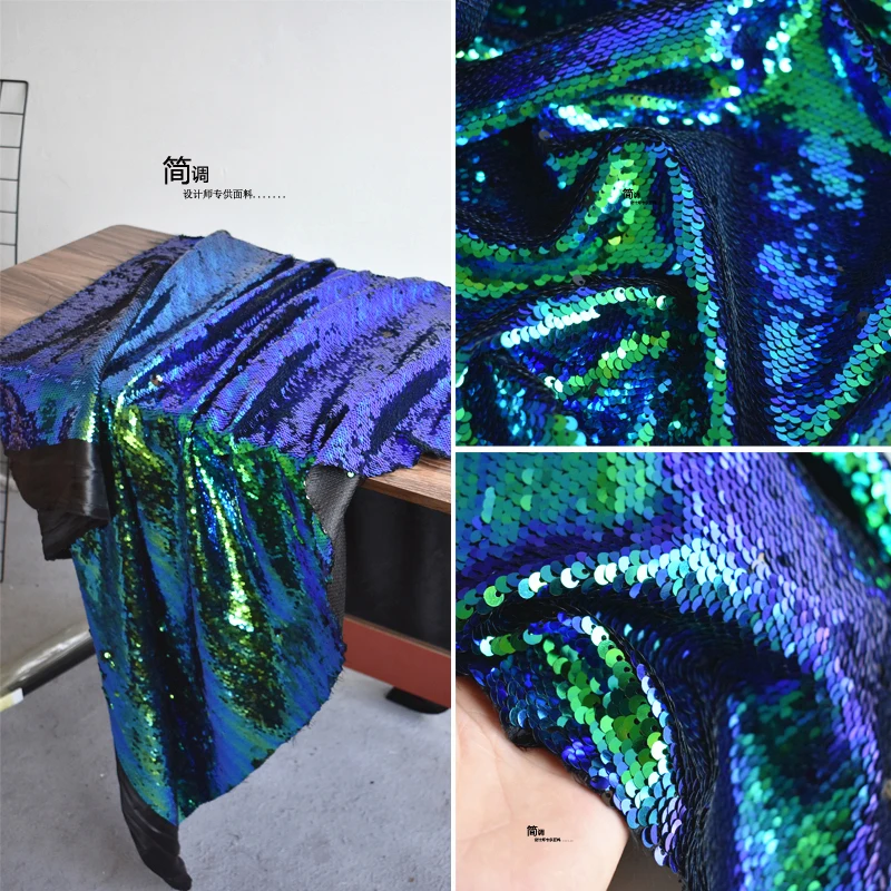 Blue-green Gradient Mesh Printing Dyed Fabric Illusion Fish Scale Sequin Skirt Coat Decorated with Two-tone Design Fabrics