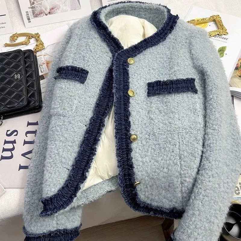 

Blue Spliced French Small Fragrance Jacket Short Jacket Autumn Winter New Temperament Versatile Top