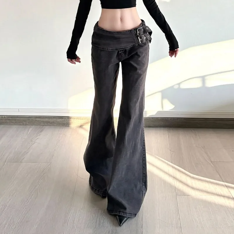 Women Double Buckle Spliced Waist Flare Jeans Vintage Dark Gray Washed Autumn Low Waist American Floor Length Slim Denim Pants