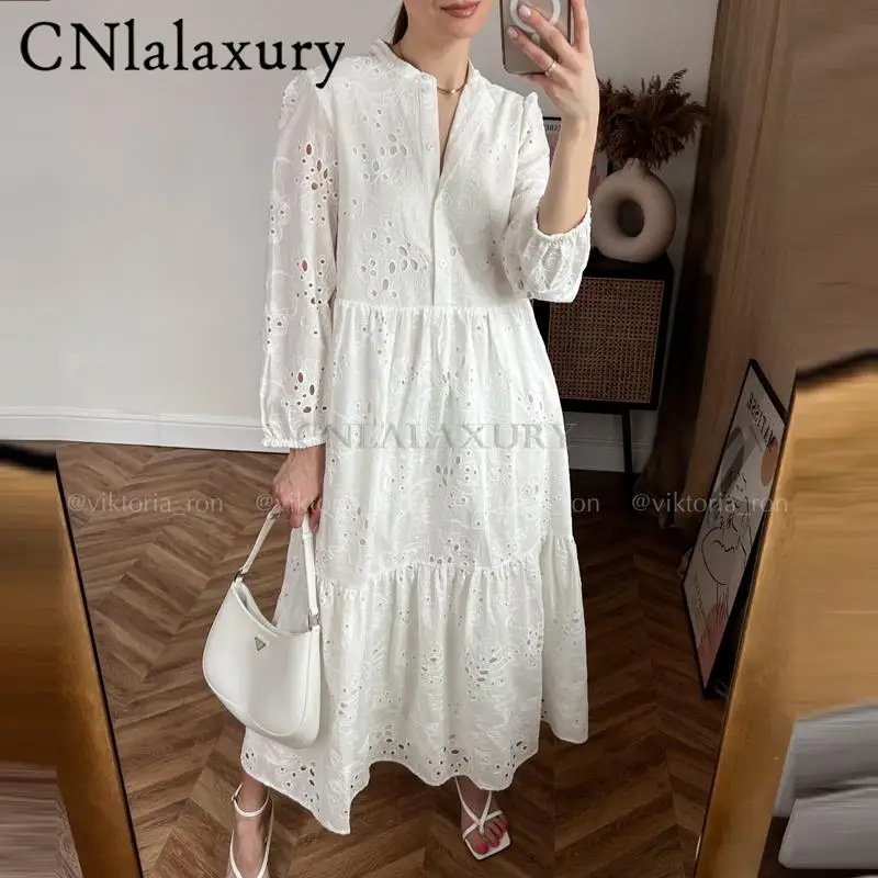 CNlalaxury 2023 Women White Embroidery Long Dress Fashion Elegant Party Vestido Vintage Long Sleeve Hollow Out Female Dresses