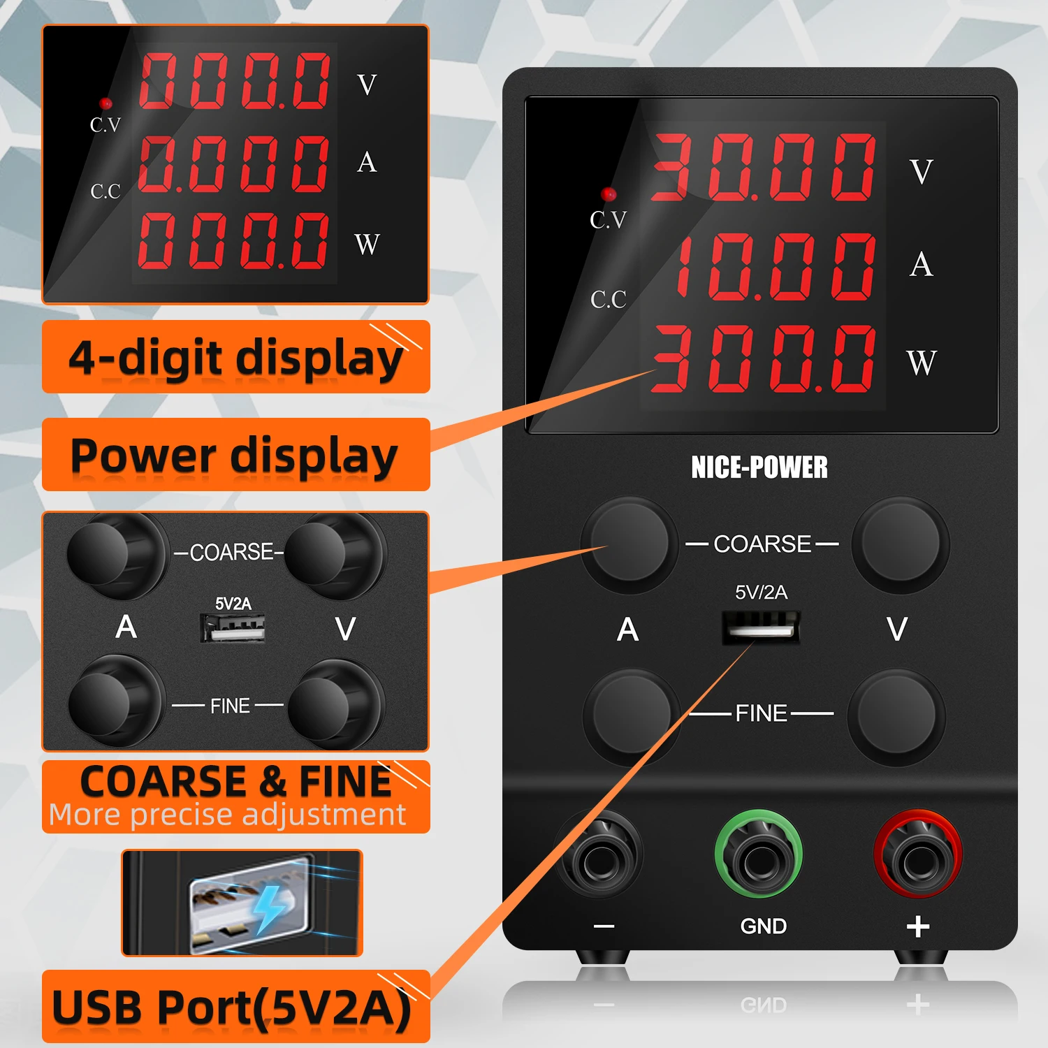 Alimentatore Switching da banco 360W 30V 10A 24V DC stabilità di tensione regolabile 300W USB 5V 2A Souce per la ricarica della riparazione del