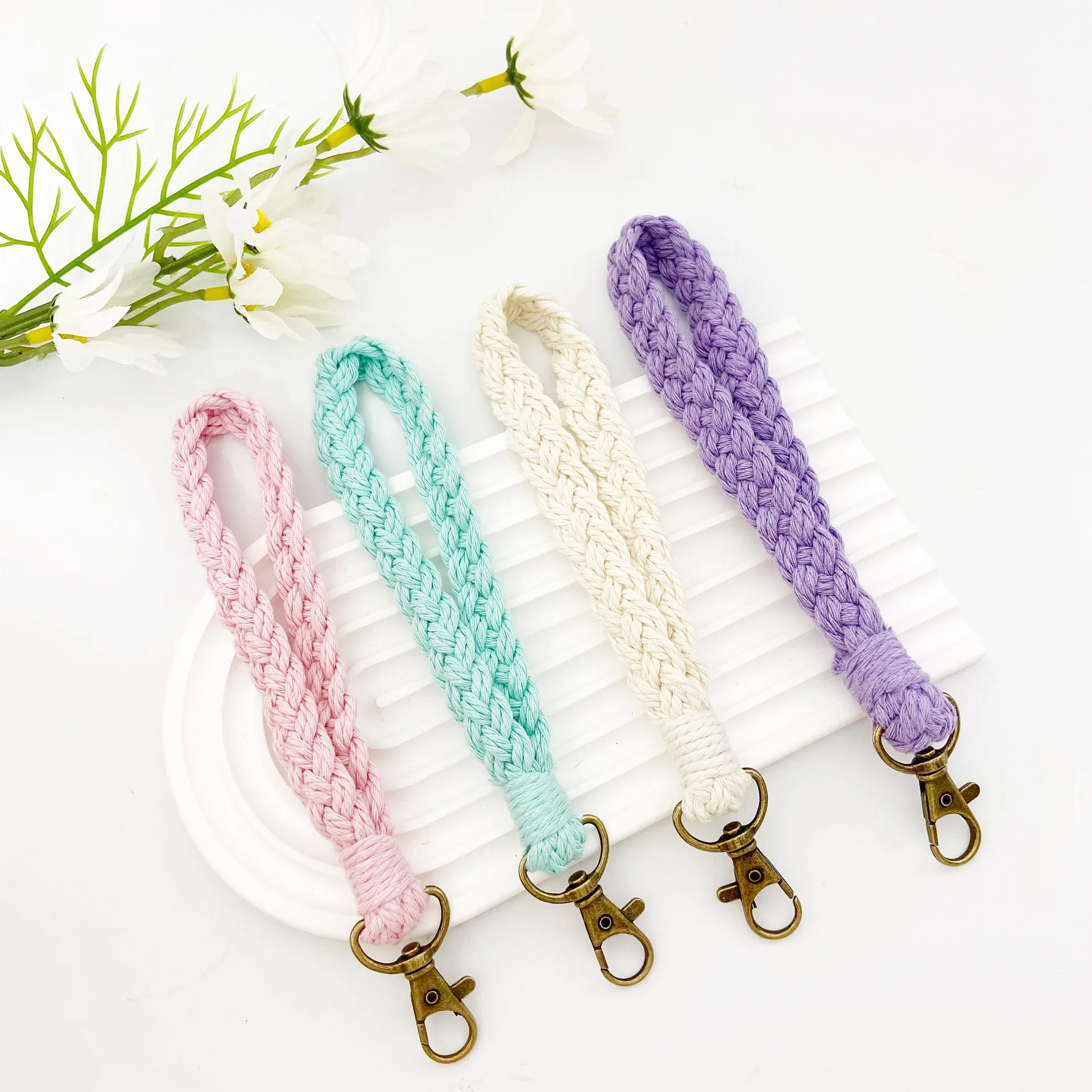 New Soft Cotton Rope Keychain Boho Handmade Wristlet Bracelet Key Chain Long Weaving Wrist Lanyard Car Key Holder for Women Gift