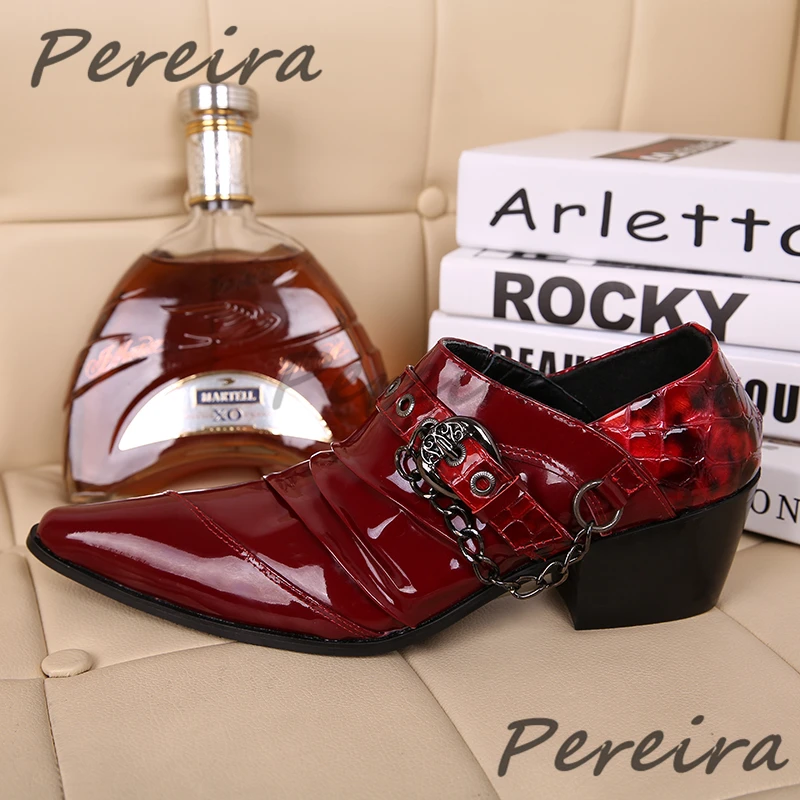 

Мужская обувь из лакированной кожи винно-красного цвета, модные модельные туфли с металлической цепочкой и пряжкой на ремне, лоферы без шнуровки на толстом высоком каблуке с острым носком