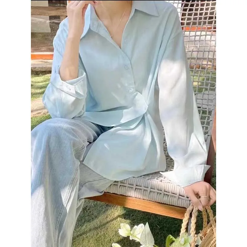 Fashion Lapel Button Solid Color Asymmetrical Shirts Women Clothing 2024 Spring Summer New Loose Casual Tops Irregular Blouses