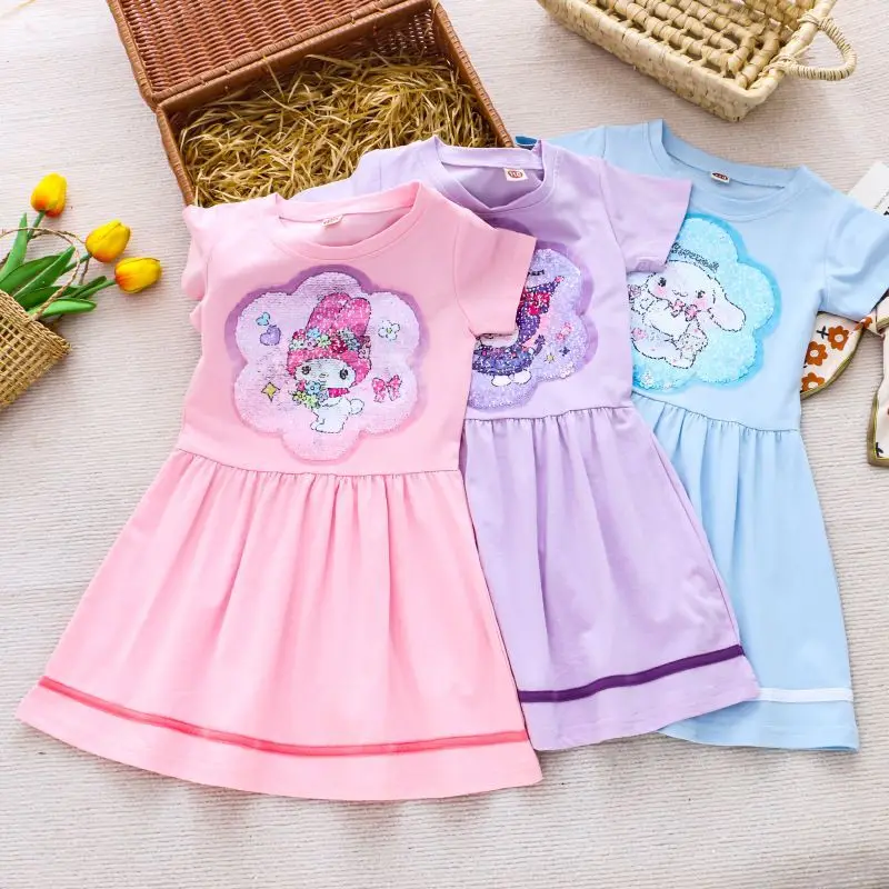

Kuromi Cartoon Dress for Girls Summer Princess Sequin Color Changing Short Sleeve Fashion Kids Wear