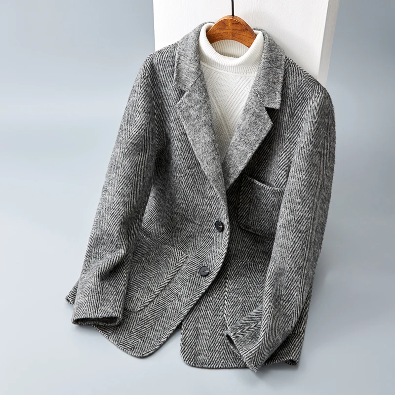 

Мужское двустороннее шерстяное пальто с узором «елочка» для осени и зимы, модное городское пальто-куртка из верблюжьей шерсти