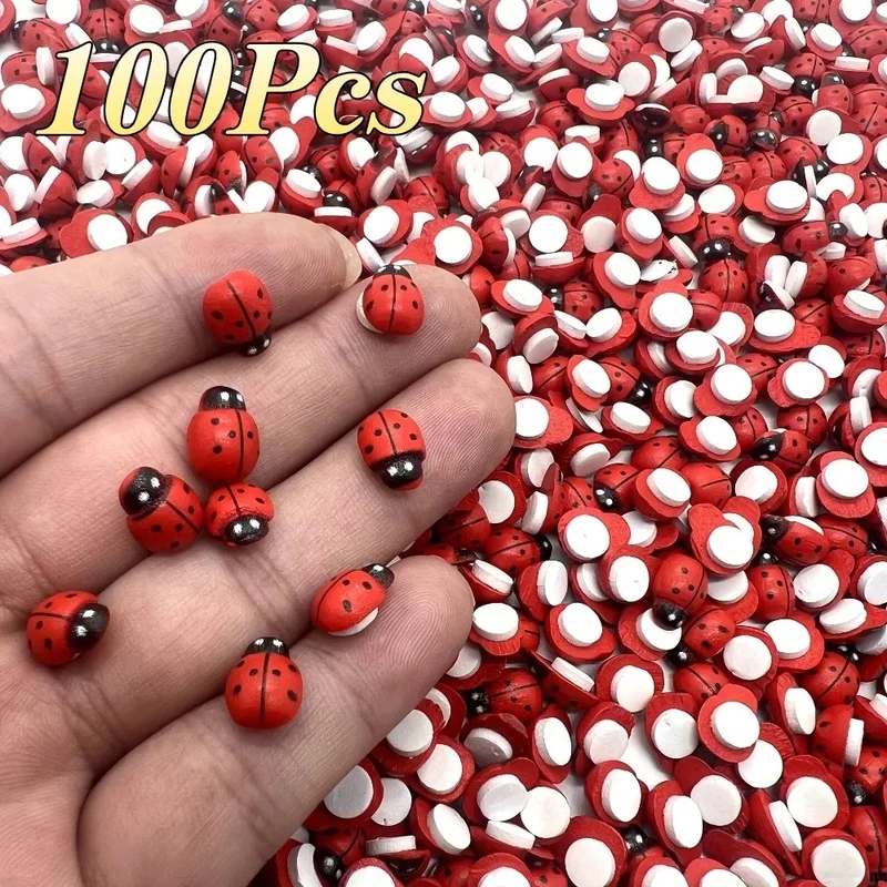 30/50/100PCS Wooden Mini Red Ladybug Self Adhesive Sticker Decor Accessory for DIY Craft Card Garden Party Room Decoration