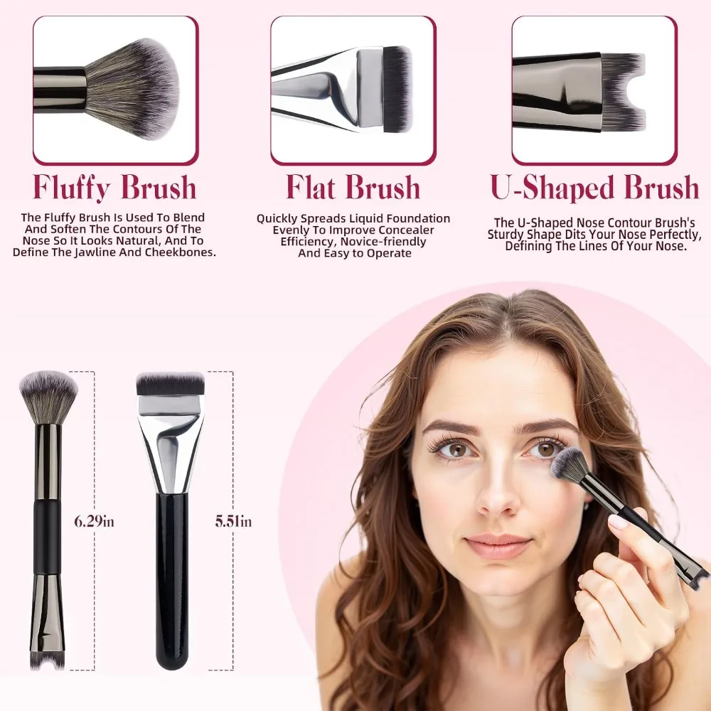 2pcs Dual-Ended Nose Contour & Makeup Brush Set - U-Shaped & Fluffy for Blush, Highlight, and Nose Sculpting.