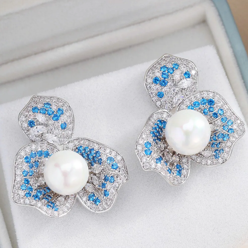 

Missvikki Luxury Cute Flower Pearl Earrings Trendy Cubic Zircon Indian Earrings for Women Wedding Engagement Party JEWELRY GIFT