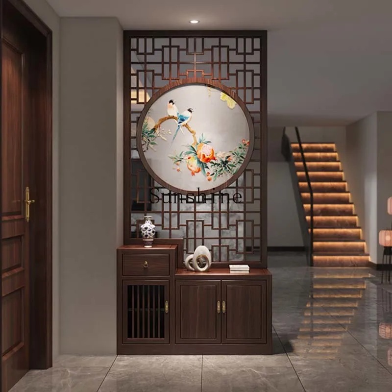 screen partition cabinet, living room double-sided embroidered solid wood hollow flower grid to block the entrance entrance