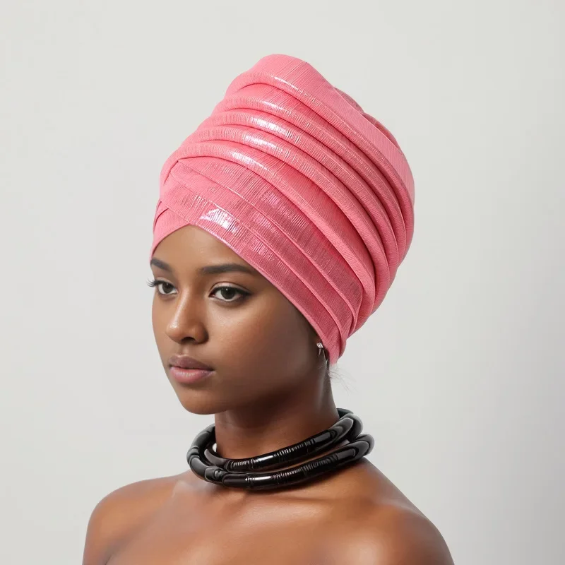

Muslim Headscarf Cap Lady Head Wrap Bonnet Hijab Turbans Auto Gele African Headtie India Hats Shiny Pleated Turban Hat for Women