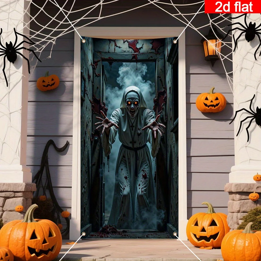 لافتة باب ثنائية الأبعاد، قطعة واحدة من زينة باب الهالوين الكبيرة - لافتة رعب راهبة التهديد وتصميم قوطي ملون بالدم #5
