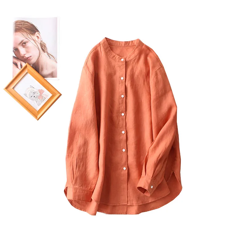 

Linen Women's Long Sleeve Shirt Casual Loose Comfortable Stand Collar Commute Style High End Open Cardigan Blouse for Summer