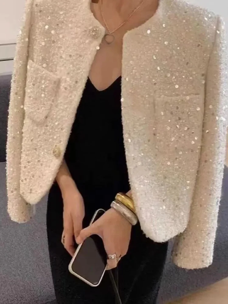 Chic Sequins Sweet Tweed Jacket Women Fall Elegant Long Sleeve Slim Coat Korean Fashion O Neck Design Female All Match New Tops